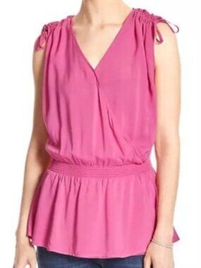 Banana Republic Pink Tie-Shoulder Smocked Peplum Blouse - Size Large
